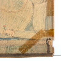 Woman in Yellow Hat with Amazing Lips and Tiny Flower, Antique Graphite and Crayon Drawing