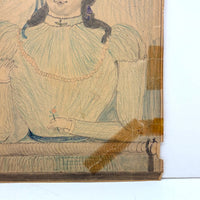 Woman in Yellow Hat with Amazing Lips and Tiny Flower, Antique Graphite and Crayon Drawing