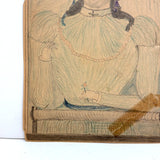 Woman in Yellow Hat with Amazing Lips and Tiny Flower, Antique Graphite and Crayon Drawing