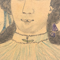 Woman in Yellow Hat with Amazing Lips and Tiny Flower, Antique Graphite and Crayon Drawing