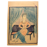 Woman in Orange Coat and Stockings on Purple Settee, Late 19th C. Graphite and Crayon Drawing