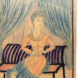 Woman in Orange Coat and Stockings on Purple Settee, Late 19th C. Graphite and Crayon Drawing