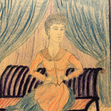 Woman in Orange Coat and Stockings on Purple Settee, Late 19th C. Graphite and Crayon Drawing