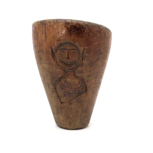 Old Carved Wooden Cup (Presumed Dipper Bowl) with Smiling Imp