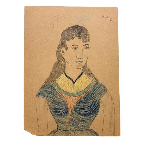 Young Woman in Blue with Yellow Collar and Earring, Wonderful Antique Graphite and Crayon Portrait
