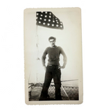 Handsome, Lanky Young Sailor in Boatneck Sweater with Flag of Stars, Vintage Velox Snapshot