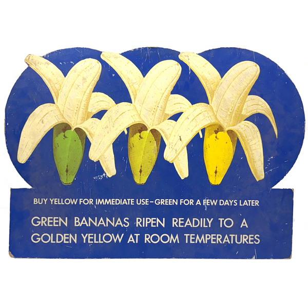 Green to Yellow Bananas! Great Original Vintage Heavy Cardboard Grocery Display Sign
