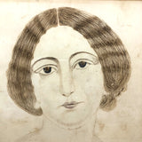 19th Century Folk Art Ink Portrait of Soulful Looking Woman with Rose