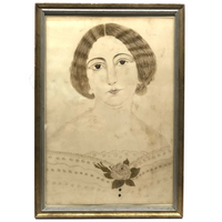 19th Century Folk Art Ink Portrait of Soulful Looking Woman with Rose