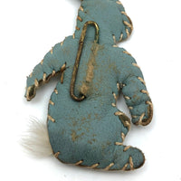Tiny Old Handmade White Tailed Blue Leather Bunny