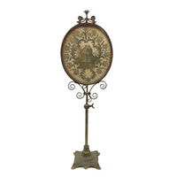 The Visitation, Antique Brass Pole Screen with Fine Georgian Silk Embroidery on Paper