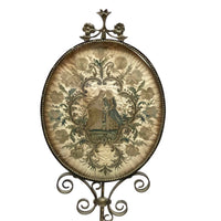 The Visitation, Antique Brass Pole Screen with Fine Georgian Silk Embroidery on Paper