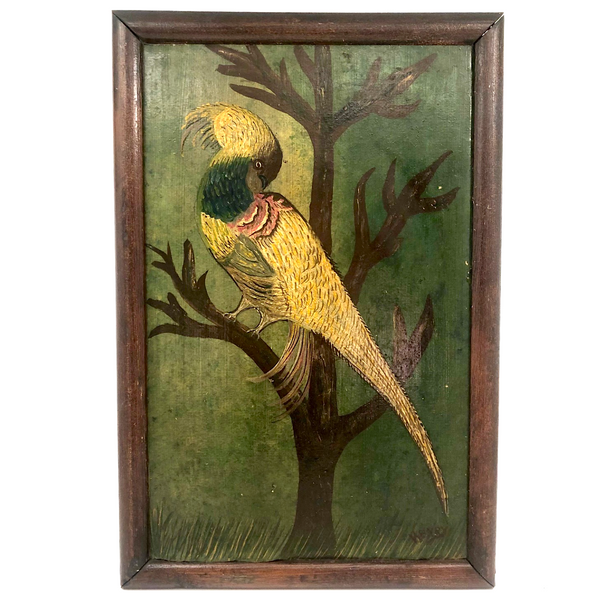 Brilliant Exotic Bird in Tree, c. 1920s Folk Art Oil on Board Signed Henry