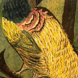 Brilliant Exotic Bird in Tree, c. 1920s Folk Art Oil on Board Signed Henry