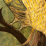 Brilliant Exotic Bird in Tree, c. 1920s Folk Art Oil on Board Signed Henry