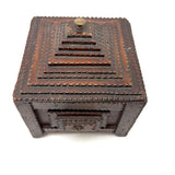 Square, with Brass Stars and Flowers: Charming Antique Chip Carved Tramp Art Stacked Lid Box