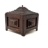 Square, with Brass Stars and Flowers: Charming Antique Chip Carved Tramp Art Stacked Lid Box