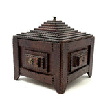 Square, with Brass Stars and Flowers: Charming Antique Chip Carved Tramp Art Stacked Lid Box