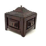 Square, with Brass Stars and Flowers: Charming Antique Chip Carved Tramp Art Stacked Lid Box