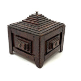 Square, with Brass Stars and Flowers: Charming Antique Chip Carved Tramp Art Stacked Lid Box