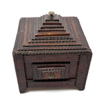 Square, with Brass Stars and Flowers: Charming Antique Chip Carved Tramp Art Stacked Lid Box