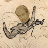 Hands Parting, Man Flying, Curious Old Ink Drawing with Collaged Photo
