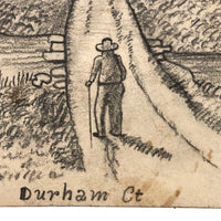 19th C. Graphite Drawing, Man On Path Through Dense Woods, Durham CT