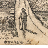 19th C. Graphite Drawing, Man On Path Through Dense Woods, Durham CT