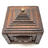 Square, with Brass Stars and Flowers: Charming Antique Chip Carved Tramp Art Stacked Lid Box