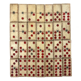 Wonderful Complete Set of Thick 19th Century Handmade Bone Dominoes with Red Pips and Brass Spinners
