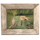 Pink Flamingoes! Charming Old Oil on Canvas Board Painting