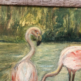 Pink Flamingoes! Charming Old Oil on Canvas Board Painting