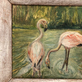 Pink Flamingoes! Charming Old Oil on Canvas Board Painting
