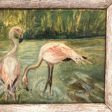 Pink Flamingoes! Charming Old Oil on Canvas Board Painting