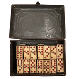 Wonderful Complete Set of Thick 19th Century Handmade Bone Dominoes with Red Pips and Brass Spinners