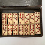 Wonderful Complete Set of Thick 19th Century Handmade Bone Dominoes with Red Pips and Brass Spinners