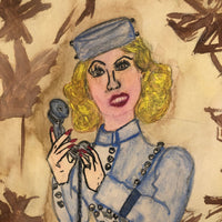 Blonde in Blue with Telephone, 1930s Naive Watercolor Drawing