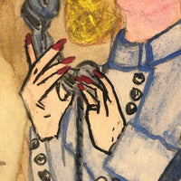 Blonde in Blue with Telephone, 1930s Naive Watercolor Drawing