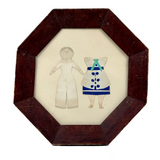 Perfectly Naive Antique Handmade Paper Doll with Graphite Features and Fabulous Outfit in Antique Octagonal Frame