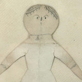 Perfectly Naive Antique Handmade Paper Doll with Graphite Features and Fabulous Outfit in Antique Octagonal Frame