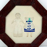 Perfectly Naive Antique Handmade Paper Doll with Graphite Features and Fabulous Outfit in Antique Octagonal Frame