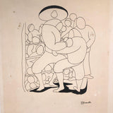 Ink Drawing on Board of Boxers, c. 1920s, Signed G. Giardenella (Some Damage)