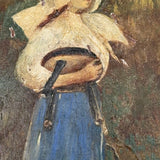Girl in Blue and White with Pail and Milking Stool, Wonderful Antique Folk Art Painting on Artist Palette