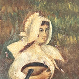 Girl in Blue and White with Pail and Milking Stool, Wonderful Antique Folk Art Painting on Artist Palette