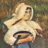 Girl in Blue and White with Pail and Milking Stool, Wonderful Antique Folk Art Painting on Artist Palette