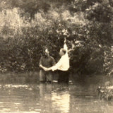 Thickly Atmospheric Open Water Baptism Scene with Curious Third Man in the Brush, 1920s Snapshot