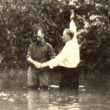 Thickly Atmospheric Open Water Baptism Scene with Curious Third Man in the Brush, 1920s Snapshot