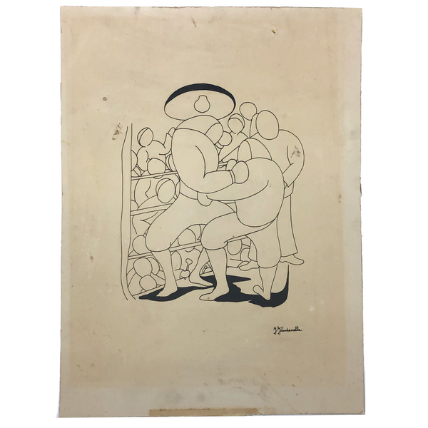 Ink Drawing on Board of Boxers, c. 1920s, Signed G. Giardenella (Some Damage)