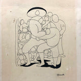 Ink Drawing on Board of Boxers, c. 1920s, Signed G. Giardenella (Some Damage)