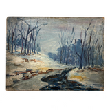 Moody Old Blue Winter Landscape Painting on Academy Board